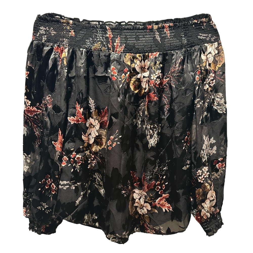 NWT WHBM Off Shoulder Smocked Black with Fire Quartz Floral Burnout Blouse